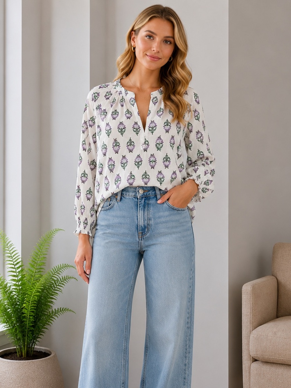 J. Crew Floral V-neck‎ Popover Blouse elastic Cuffs size Small Made in India